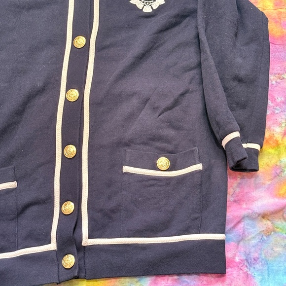 VTG 90s St. John Sport Cardigan Navy Blue White Lining Gold Button Up Sweater M - Picture 7 of 8